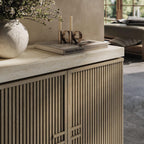 BELLEZE Set of 2 Anton 2 Door Sideboard Buffet Cabinet with Travertine-Look Top, Fluted Reeded Doors, Adjustable Shelf Storage Credenza for Dining Room Living Room Entryway, Travertine Greige