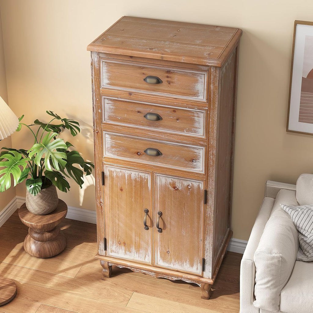 Rustic Tall Storage Cabinet - Distressed Solid Wood Frame Accent Cabinet with Textured Drawer Fronts, 3 Drawers & 2 Doors, Farmhouse Freestanding Floor Cabinet for Entryway, Living Room, Hallway