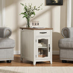 ONBRILL End Table with Charging Station, Narrow Side Table for Living Room, Farmhouse Night Stand with Drawer and Storage Cabinet, Wooden Bedside Table for Small Spaces Living Room, Glass Door (White)