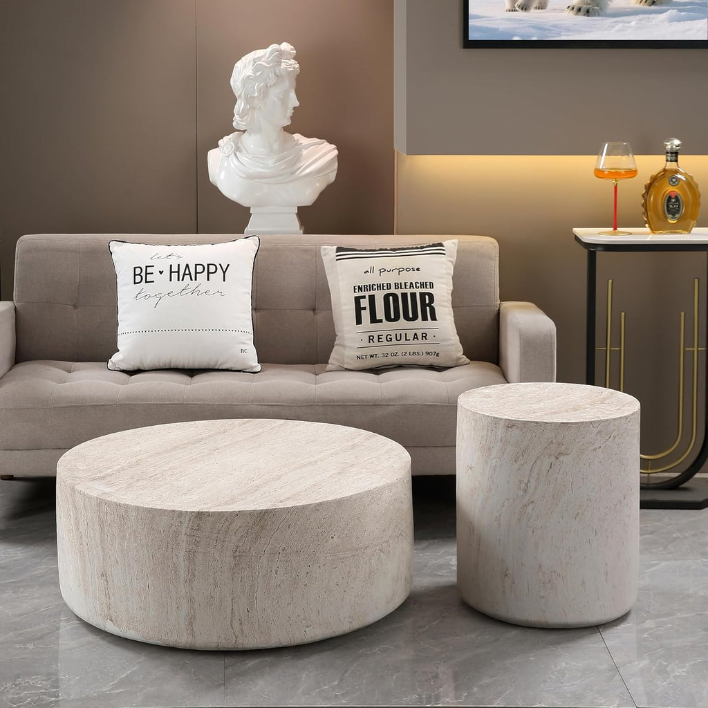 SSLine Modern Round Drum Side Table for Living Room Beige Travertine Finish Circle End Table Faux Stone Drum-Shape Accent Side Table for Home Office,Magnesium Oxide, Fully Assembled