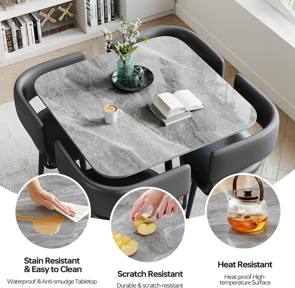 Square Sintered Stone Table Chair Set for 4, 31'' Gray Conference Table, Modern Home Dining and Reception