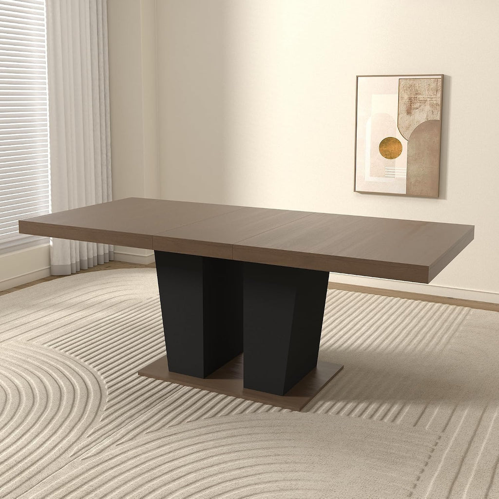 78.74" Extendable Dining Room Table for 4-10 People,Wooden Transformer Kitchen Dining Table with Black Double Sturdy Pedestal Base,Modern Expandable Large Table,Beige+Brown