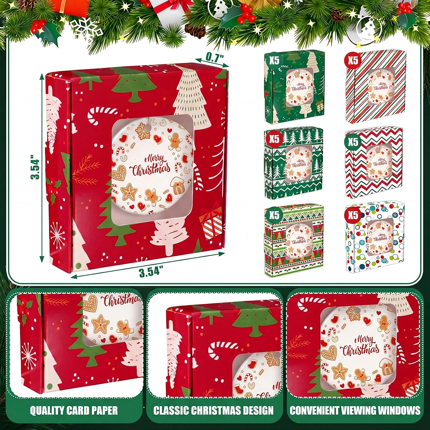 Gersoniel 30 Pcs Christmas Sublimation Ornaments Gift Boxes 3.54"x3.54"x0.7" Christmas Packaging Boxes with Window Sublimation Ceramic Discs Gift Wrapping for Festivals Holidays Xmas(Whimsical)