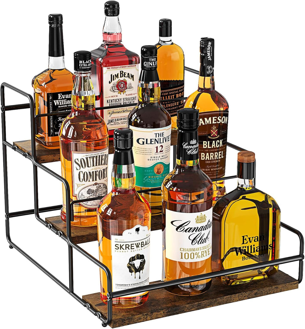 Nuovoware Liquor Bottle Display Shelf, 3 Step Wine Rack Countertop Liquor Shelf, Mini Bar Liquor Cabinet Kitchen Coffee Bar Shelf Stand for Whiskey, Black