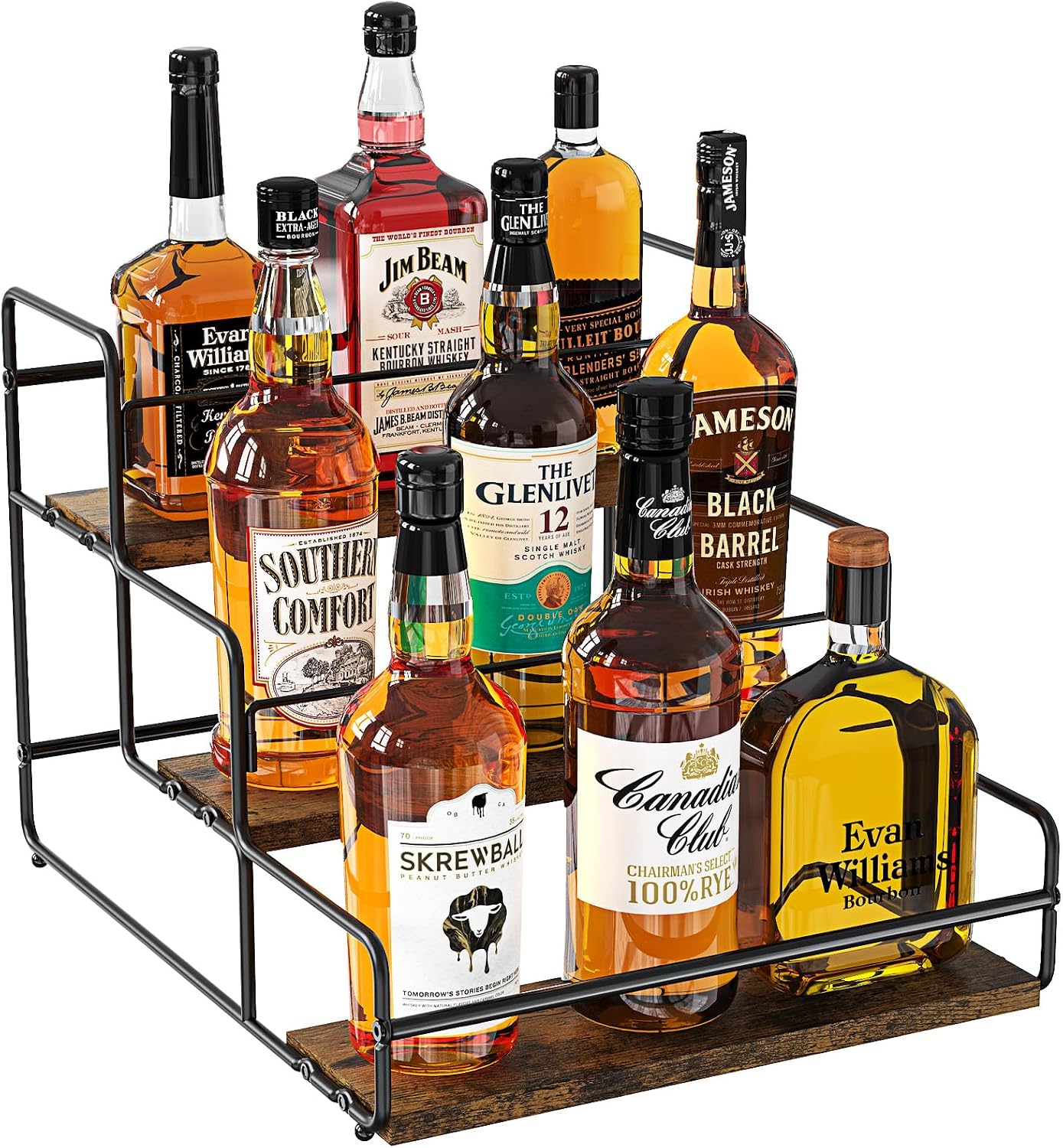 Nuovoware Liquor Bottle Display Shelf, 3 Step Wine Rack Countertop Liquor Shelf, Mini Bar Liquor Cabinet Kitchen Coffee Bar Shelf Stand for Whiskey, Black