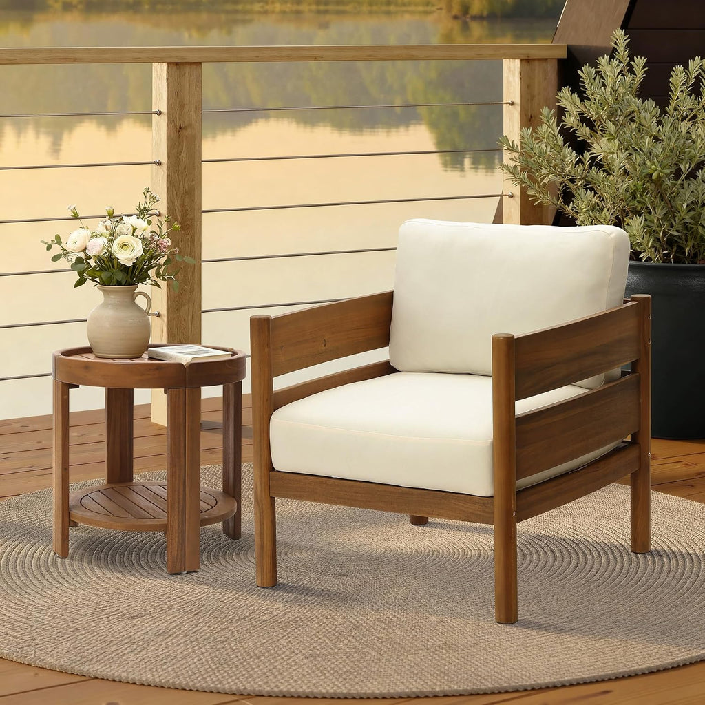 LuxenHome Acacia Wood Outdoor Patio Chair, Wooden Patio Lounge Chair with Cushions, Outside Club Chair with Thick Seat, Armchiar for Balcony, Lawn, Garden, Porch