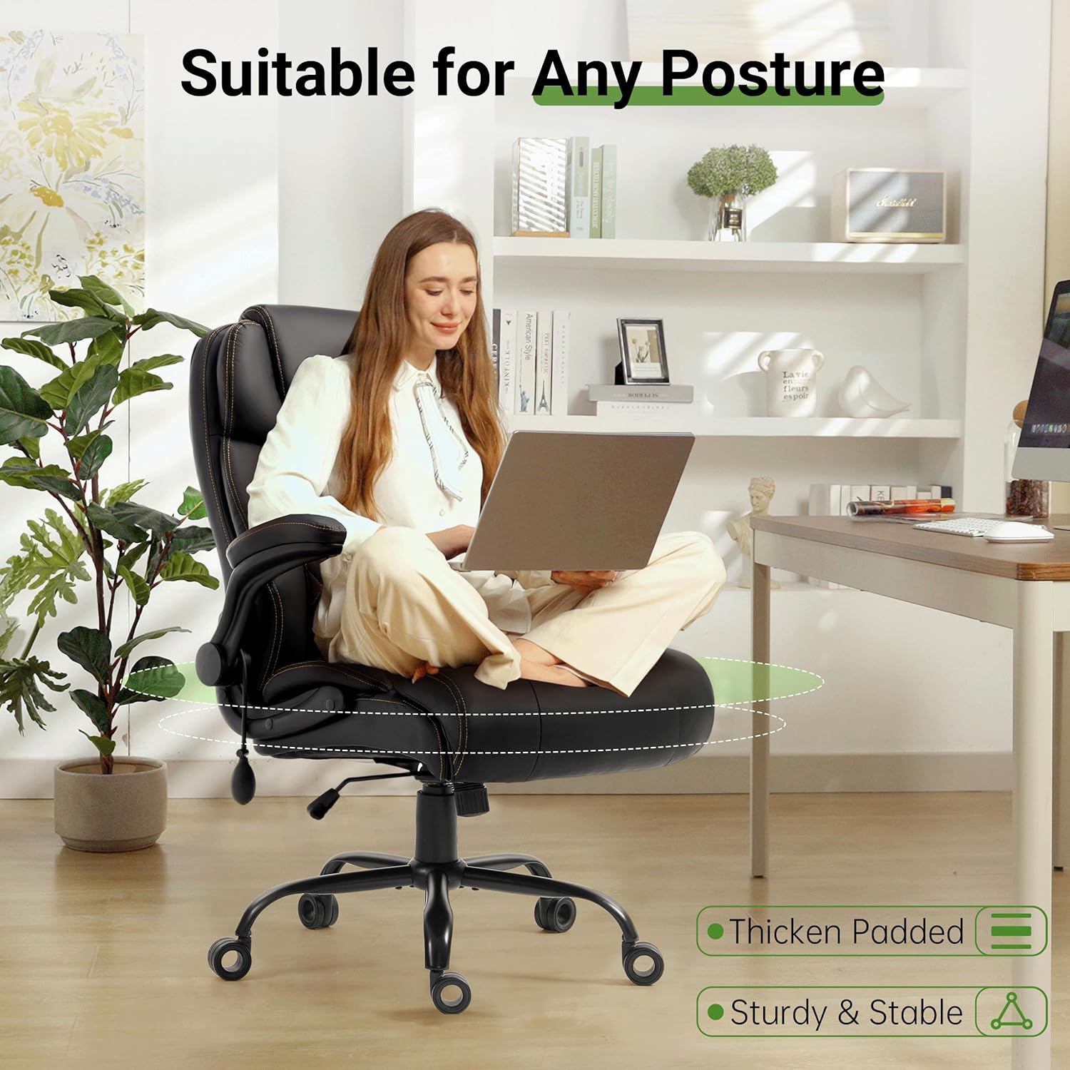 Office Chair, Big and Tall Executive Chairs with Lumbar Support for Back Pain, Breathable Desk Computer Chair with Adjustable Flip-up Armrests, Wide Cushion Swivel Home Office Chair Black PU