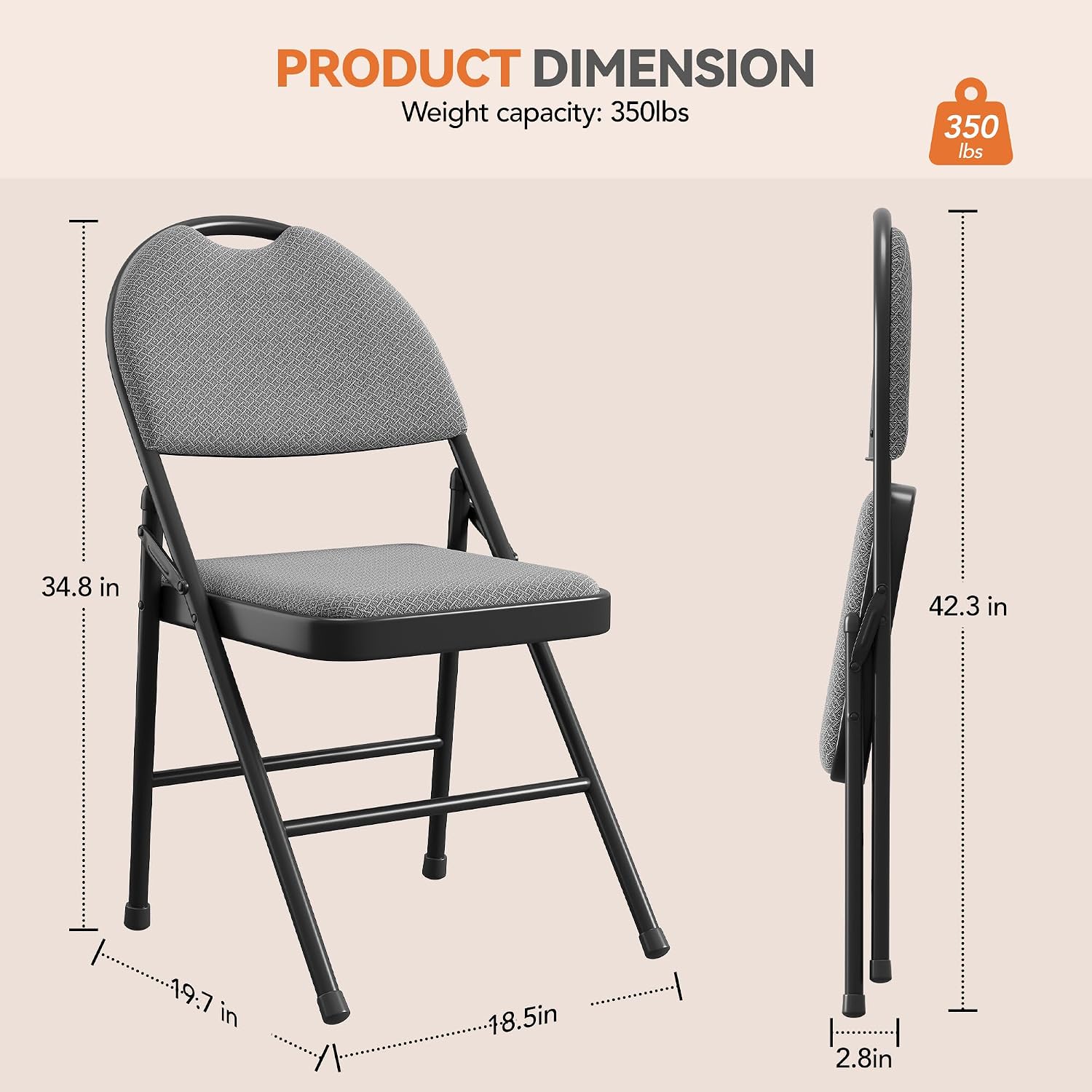 4 Pack Padded Folding Chairs for Home & Events Linen Cushion Seat & Backrest Sturdy Metal Frame Stackable Lightweight Comfortable No Assembly for Indoor Outdoor- Dark Grey
