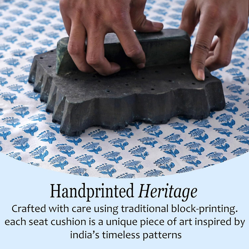 CPC Apatite Blue Hand Block Printed Cotton Chair Cushions Set of 2,Reversible Outdoor/Indoor Chair Pads for Kitchen, Dining Room, Office, Patio Chairs, 16"x15"x4"