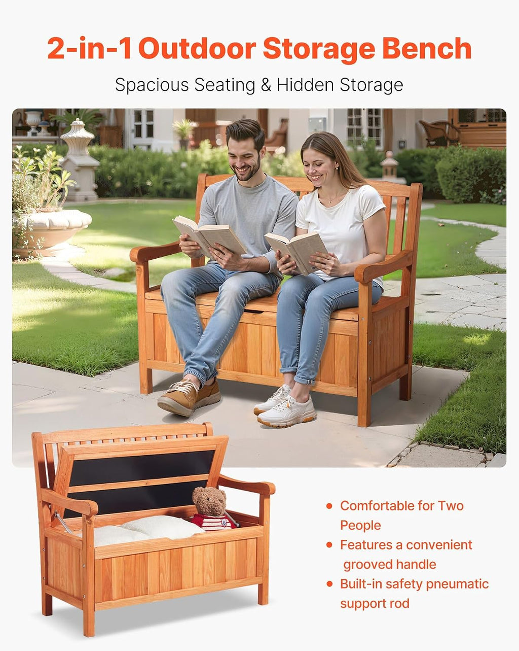 Cedar 2-Person Outdoor Storage Bench, 33 Gal Capacity Holds 705lbs Weatherproof Dustproof for Patio Garden