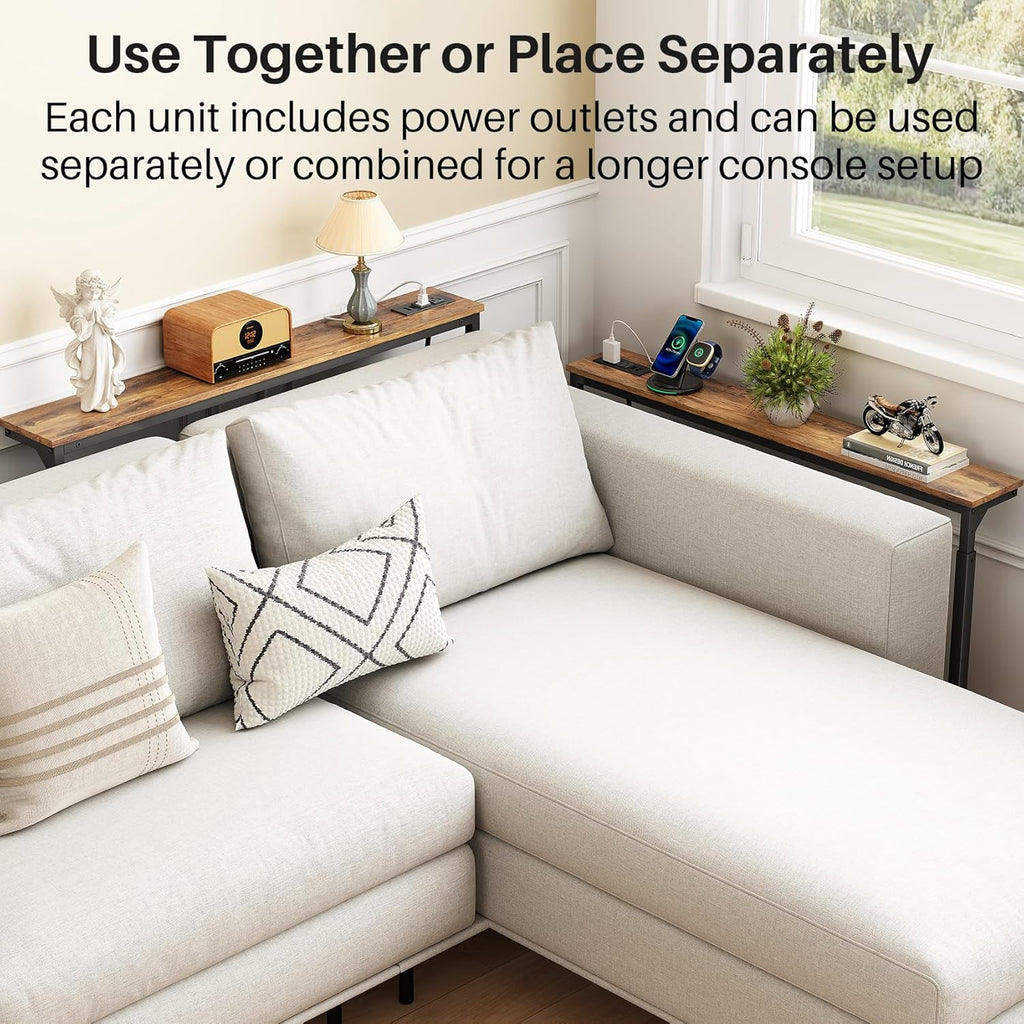 Kitstorack 94.5" Extra Long Behind Couch Table, Adjustable Height Narrow Console Table with 2 Power Strips, Split Design for Separate Wall Use, Anti-Scratch Tip, Rustic Brown for Living Room