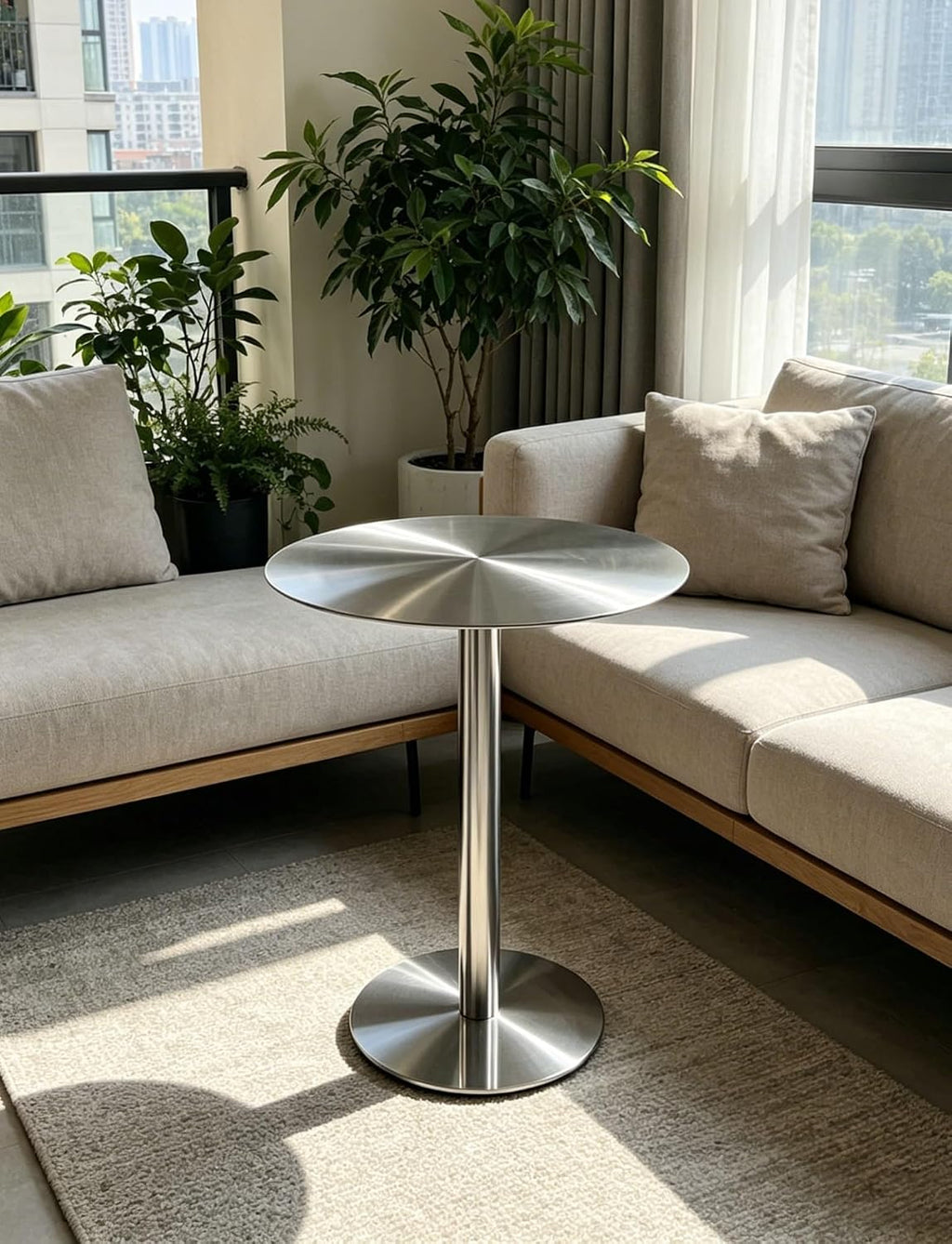 Round Bar Table,Sofa Side Table for Living Room,Freestanding Breakfast Desk with Stainless Steel Top and Stand,Easy to Assemble(50x105cm)