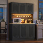 71" Black Kitchen Pantry with Power Outlet & LED Light, Large Kitchen Hutch Cabinet with Adjustable Shelf, Modern Buffet Cabinet with 6 Doors, Food Pantry Storage for Dining Room (Black 6 Doors)