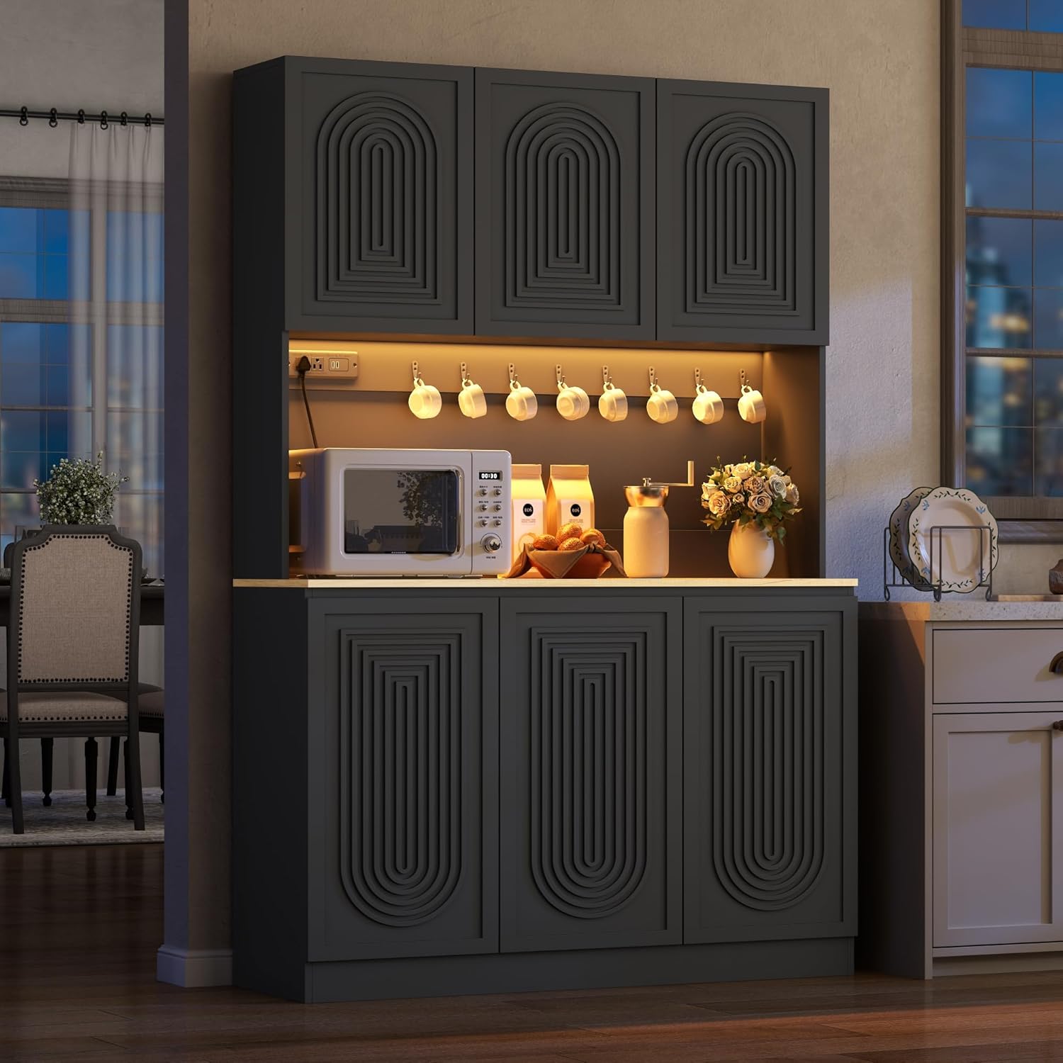 71" Black Kitchen Pantry with Power Outlet & LED Light, Large Kitchen Hutch Cabinet with Adjustable Shelf, Modern Buffet Cabinet with 6 Doors, Food Pantry Storage for Dining Room (Black 6 Doors)