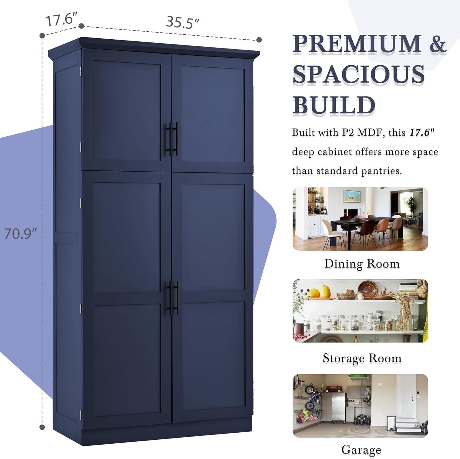 Freestanding Cabinet with 4 Doors, 2 Door Shelves, Tall Storage Cabinet with 8 Pull-Out Trays and Adjustable Shelf for Dining Room Kitchen Pantry (Blue)