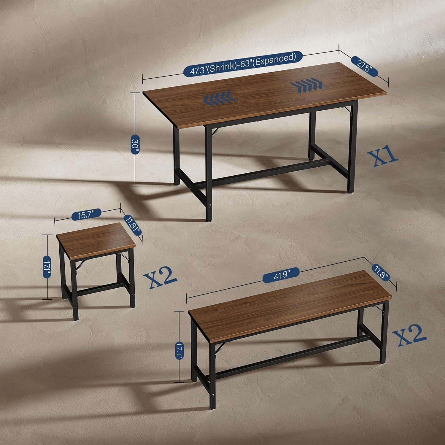 Tatub 5-Piece Dining Table Set for 4-8, 63" Extendable Dining Room Table with 2 Benches and 2 Square Stools, Space Saving Rectangle Kitchen Table Set for Breakfast Nook and Small Space, Walnut