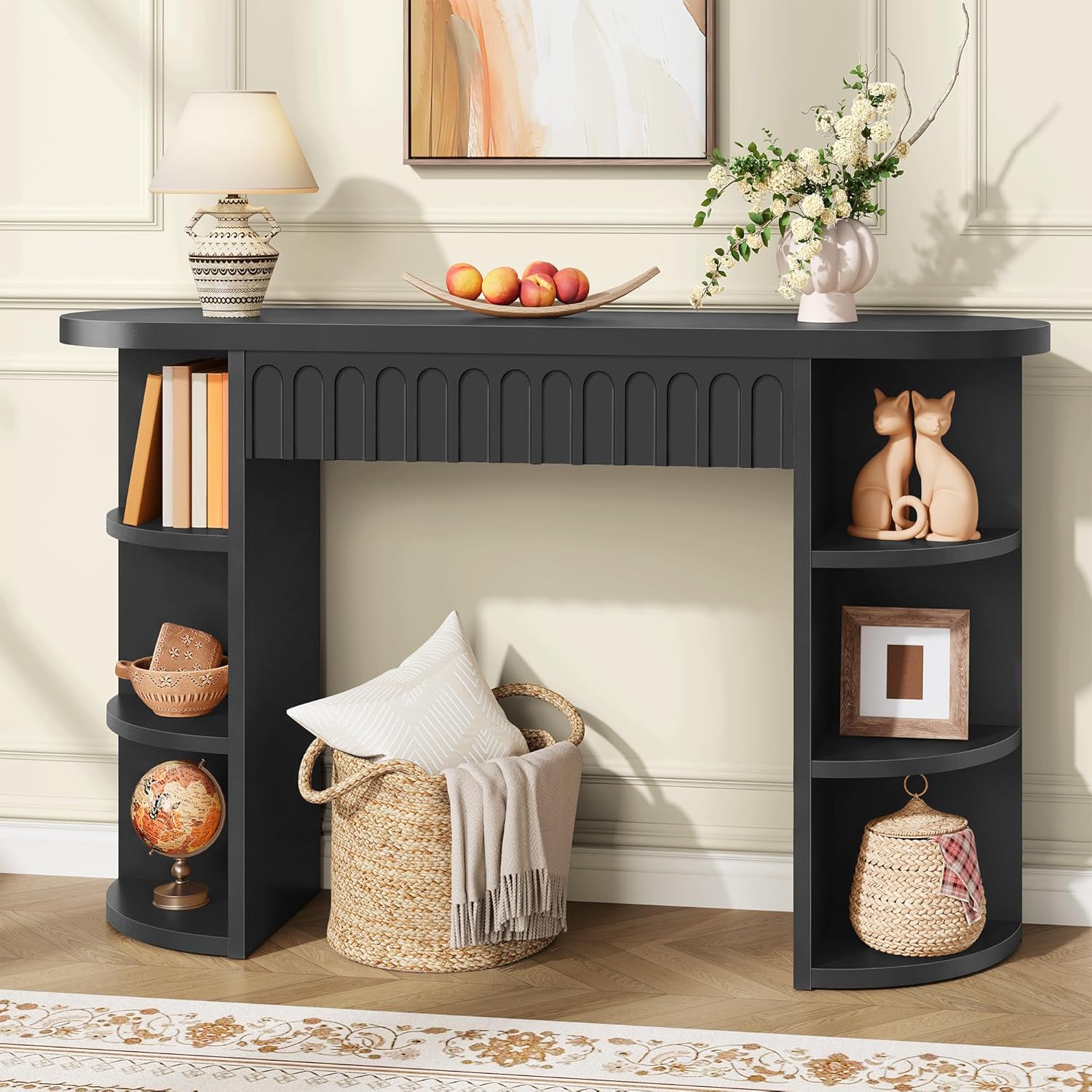 Hoctieon Fluted Console Table with Storage, Entryway Table with Side Storage Shelves, Narrow Sofa Tables Behind Couch, Hallway Tables for Living Room, Entrance, Foyer, Black