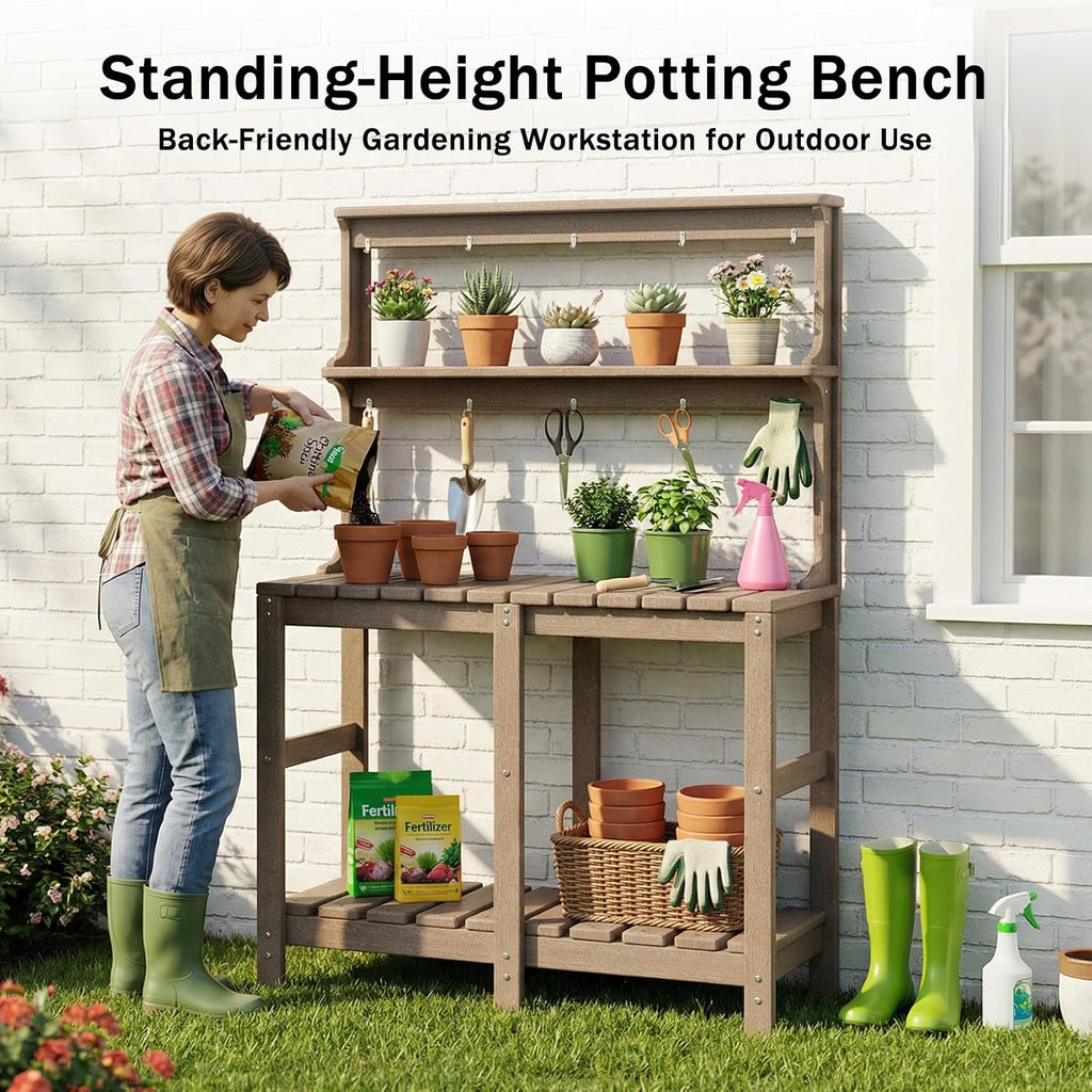 Outdoor Potting Bench with 3 Tier, All-Weather Patio Potting Table with Tool Hooks, HDPE Gardening Table for Backyard, Garden, Brown