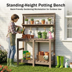 Outdoor Potting Bench with 3 Tier, All-Weather Patio Potting Table with Tool Hooks, HDPE Gardening Table for Backyard, Garden, Brown