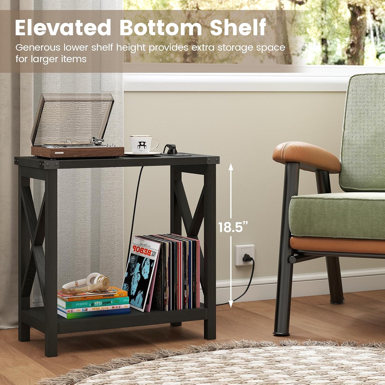Hadulcet Farmhouse Side Table with Charging Station - Narrow Bedside Table for Small Space, Slim End Table, Rustic X-Design Nightstand for Living Room, Bedroom, Classic Black