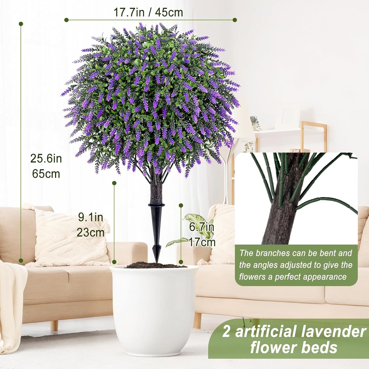 Artificial Plants Bushes for Outdoors, 2 Pack 25.6" Faux Topiary Ball Trees Lavender Plants with Stakes/Spikes for Outside, UV Resistant Fake Greenery for Front Porch, Garden, Yard (Purple, Green )