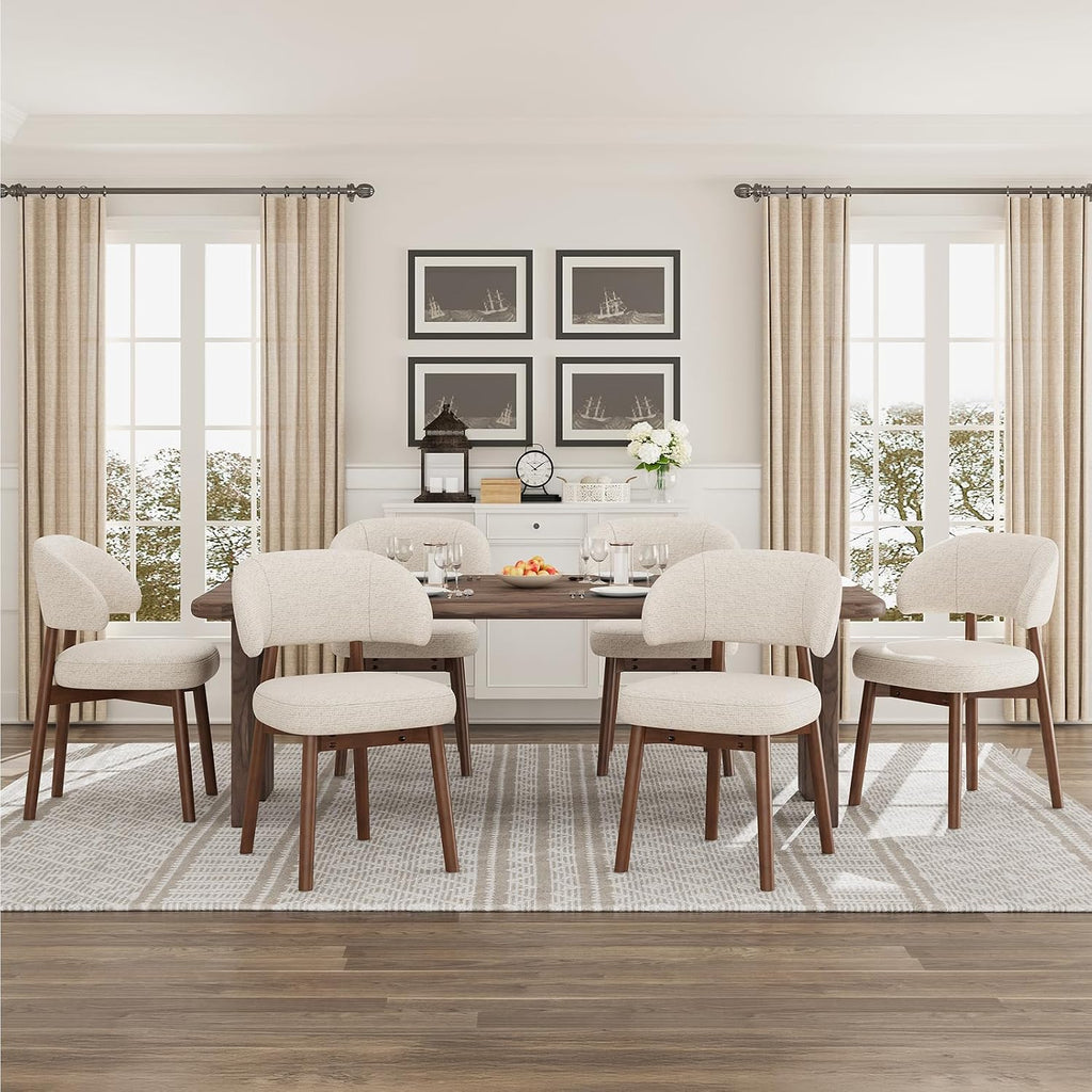 MALOL Wooden Dining Chairs Set of 6, Modern Upholstered Dining Room Chair, Fabric Kitchen Side Chairs with Curved Open Back for Living Room/Restaurant/Cafe, Beige
