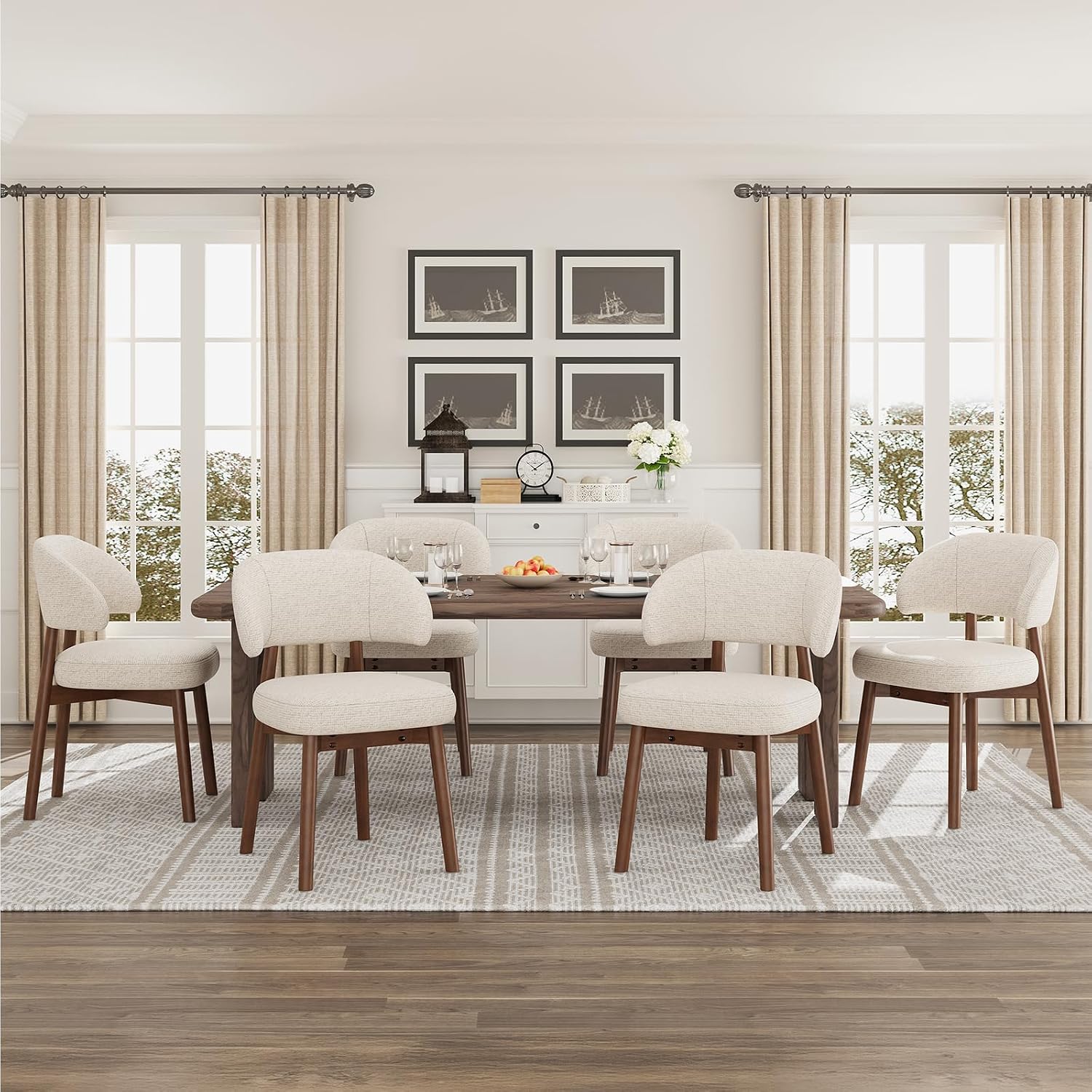 MALOL Wooden Dining Chairs Set of 6, Modern Upholstered Dining Room Chair, Fabric Kitchen Side Chairs with Curved Open Back for Living Room/Restaurant/Cafe, Beige