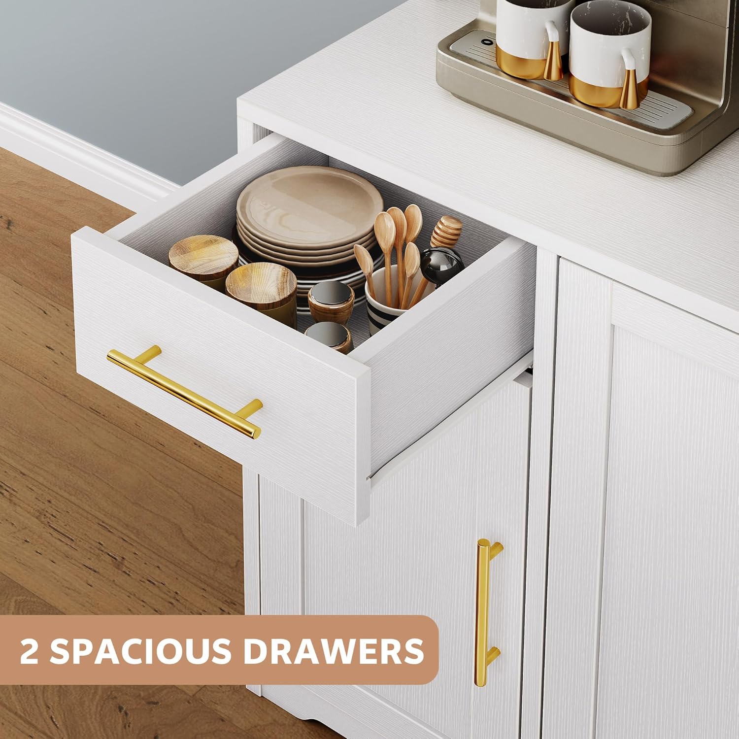 Hutch Cabinet with Storage, 65" Tall Kitchen Pantry with Power Outlet, Double Pull Out Trash Can Cabinet, Kitchen Hutch with Countertop and Drawers, Modern Pantries for Home, White