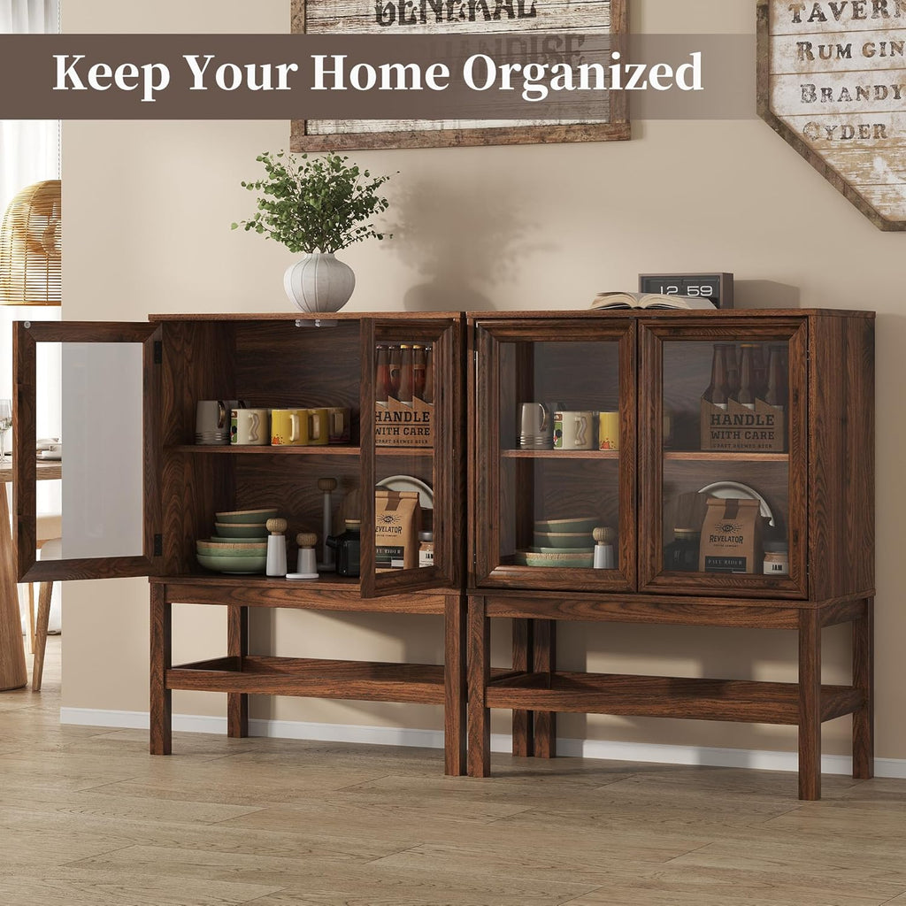 Sideboard Buffet Cabinet with Storage, Small Kitchen Coffee Wine Bar Cabinet with Glass Press-to-Open Doors, Wood Mid Century Modern Side Board Table for Dining Room, Living Room