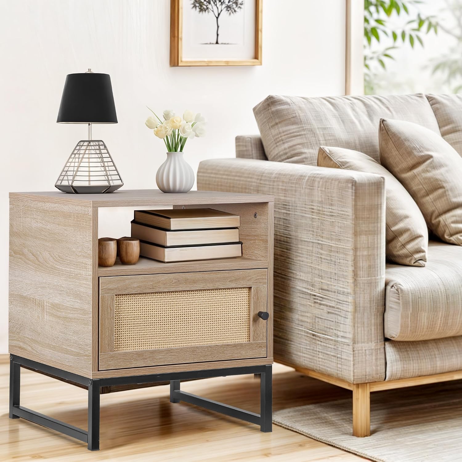 Nightstands End Table, PE Rattan Decor Drawer Opening Shelf, Set of 2 Bed Side Tables with Solid Steel Feet,for Bedroom Living Room Hallway, Natural