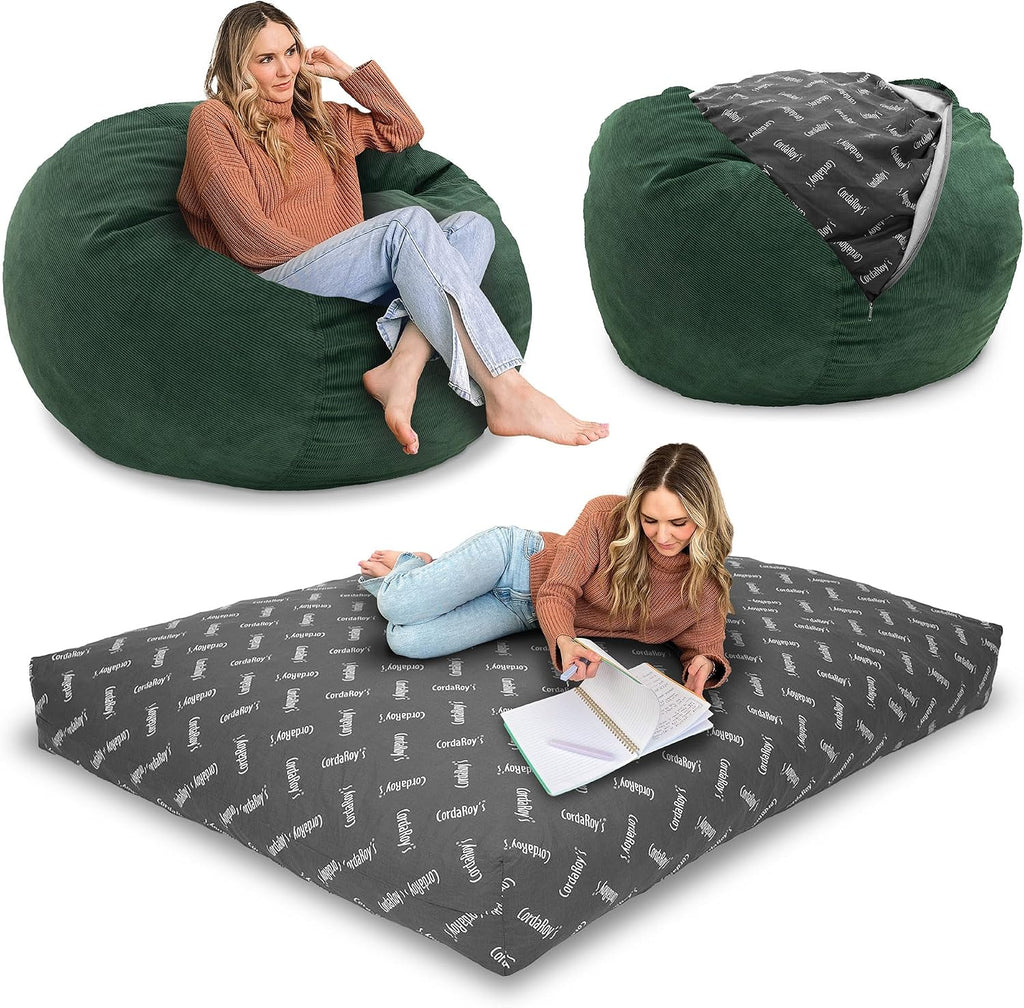 CordaRoy's Corduroy Bean Bag Chair, Convertible Chair Folds from Bean Bag to Lounger, As Seen on Shark Tank, Rainforest - Full Size