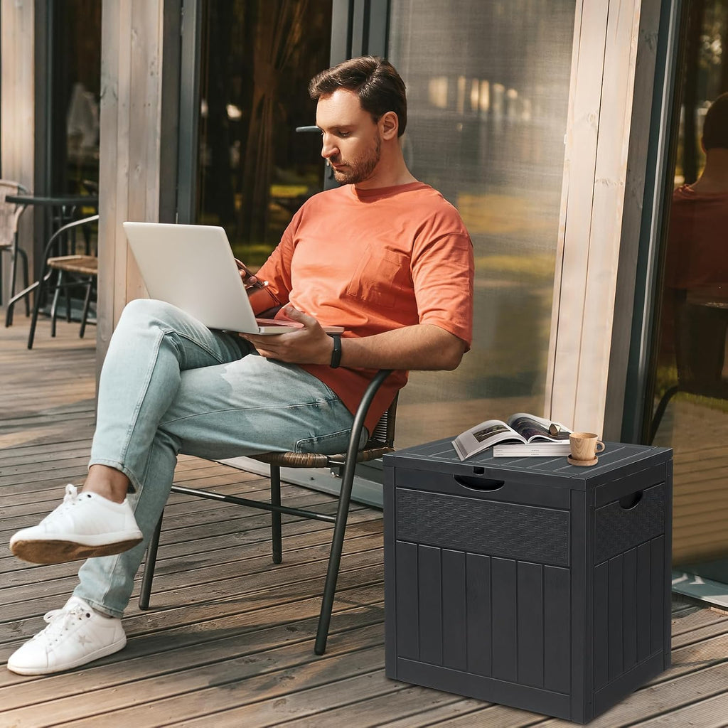 Dark Gray 33 Gal Wood & Rattan Plastic Storage Bench, Outdoor Deck Box, Patio Storage Box for Garden Cushions Tools, Garden Tool Storage Pool Accessory Holder Cushions Lid Side Table Function