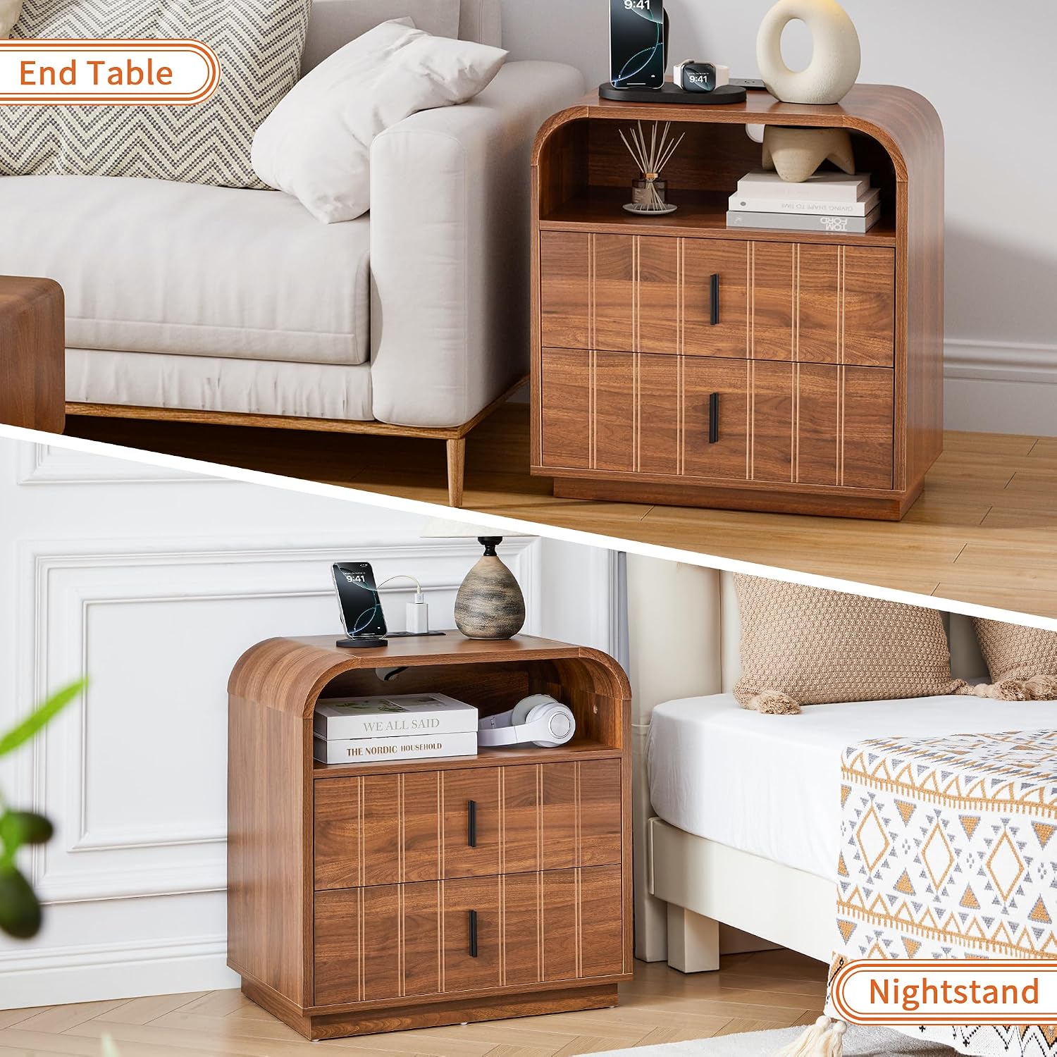 Large Nightstands Set of 2, Mid Century Modern Bedside Table with Charging Station, 2 Storage Drawers, Curved Side Table with Open Cubby Storage for Bedroom Living Room Offic, Walnut