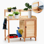 Outdoor Wooden Potting Bench with Sink, Sliding Tabletop & Removable Tray, Large Storage Cabinet + Bottom Shelf, Natural Wood Garden Workstation for Patio & Lawn