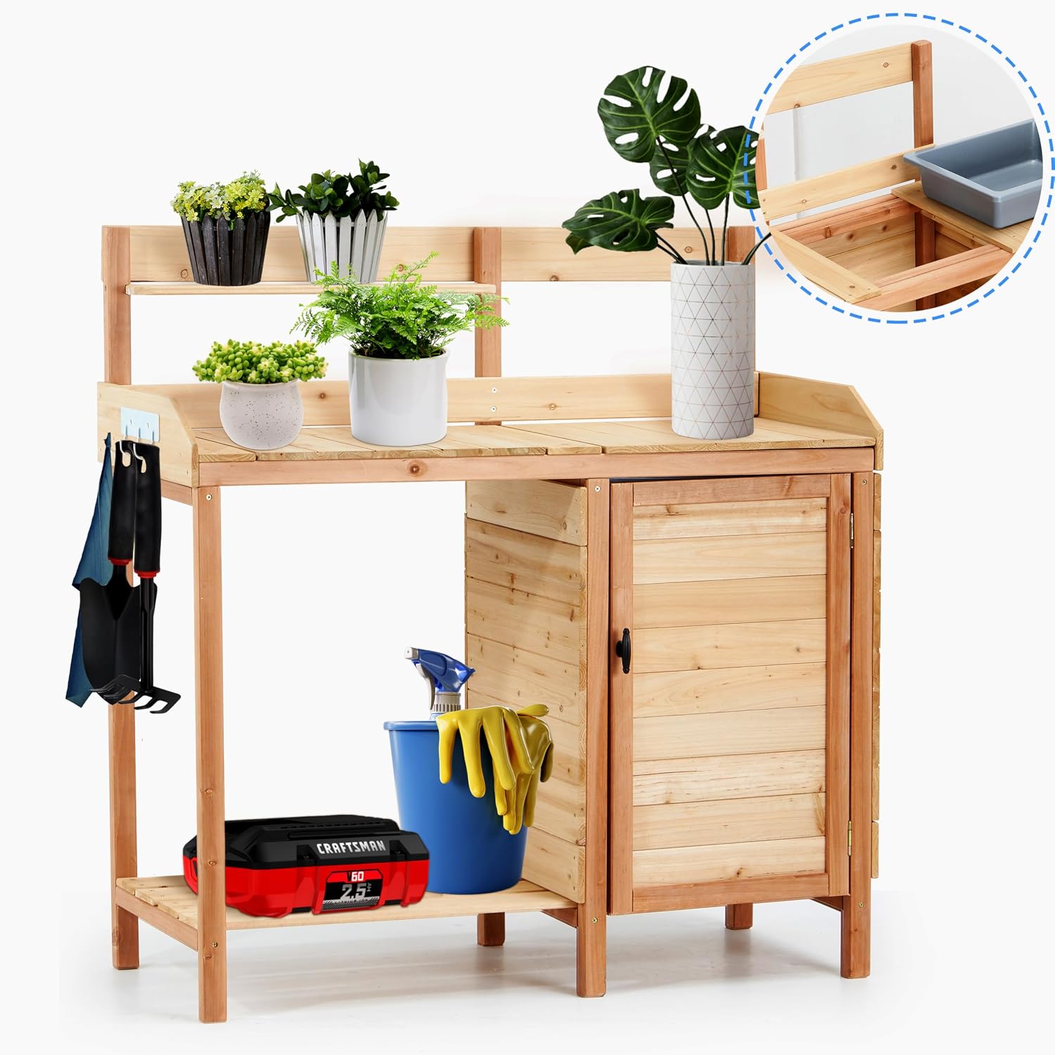 Outdoor Wooden Potting Bench with Sink, Sliding Tabletop & Removable Tray, Large Storage Cabinet + Bottom Shelf, Natural Wood Garden Workstation for Patio & Lawn