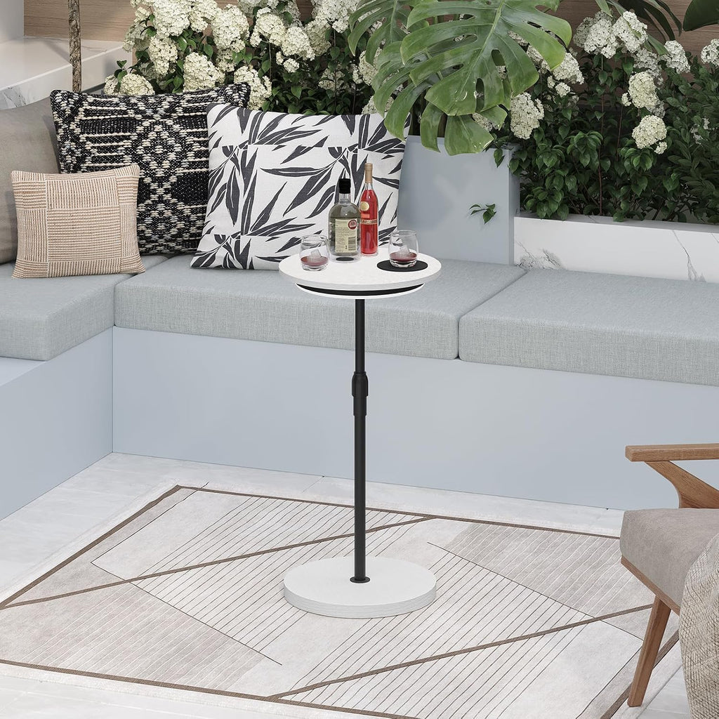 MAHANCRIS Small Round Side Table, Adjustable Height Drink Table, Pedestal Side Table with LED Light and Cup Mat, Coffee Martini Table, for Small Spaces, White and Black ETHW32E01
