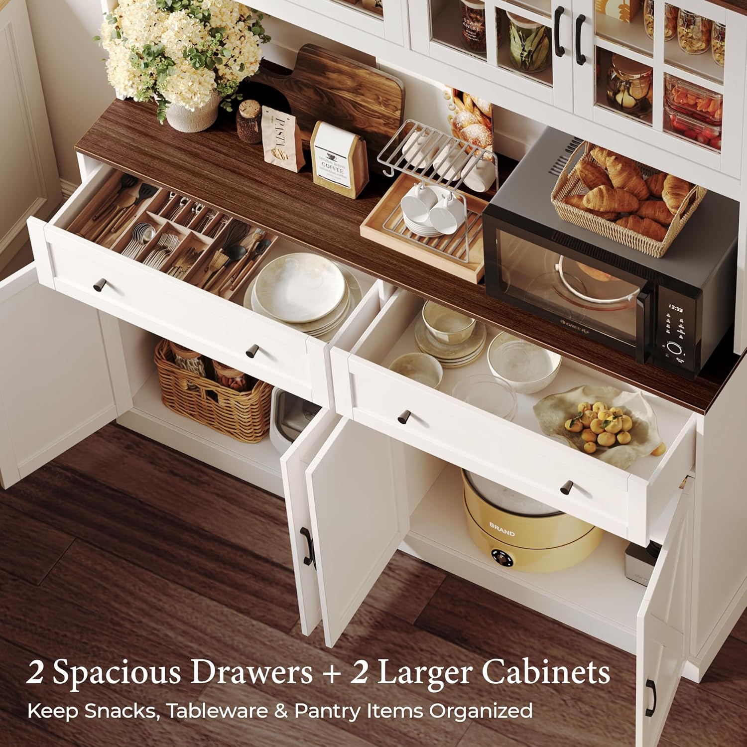 PRAISUN 71''H x 55.1''W Pantry Cabinet with Charging Station, 4 Wide Cabinets Kitchen Pantry with 2 Drawers, Farmhouse Hutch Storage Cabinet, Tall Coffee Bar, Acrylic Door, Adjustable Shelves, White