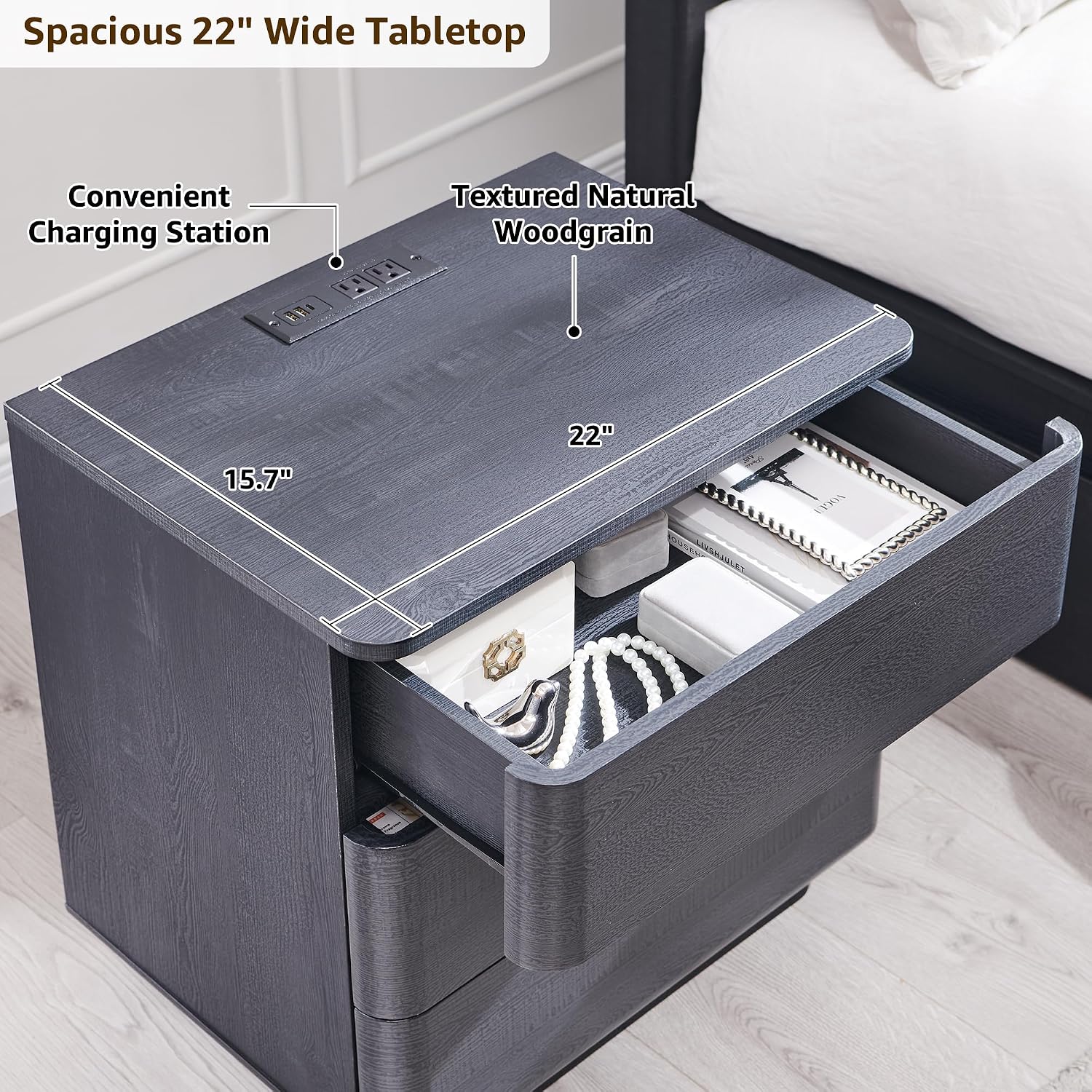 JXQTLINGMU 22" Modern Nightstands Set of 2 with Charging Station, Large Push-to-Open End Table, Wood Bedside Table, Curved Profile, Handleless 3 Drawer Night Stand for Bedroom, Living Room, Black