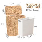 Wicker Trash Can,3 Gallon Bathroom Trash Can with Lid,Handwoven Water Hyacinth Rattan Waste Basket with Removable Liner and Built-in Handles for Bedroom,Toilet,Narrow Spaces