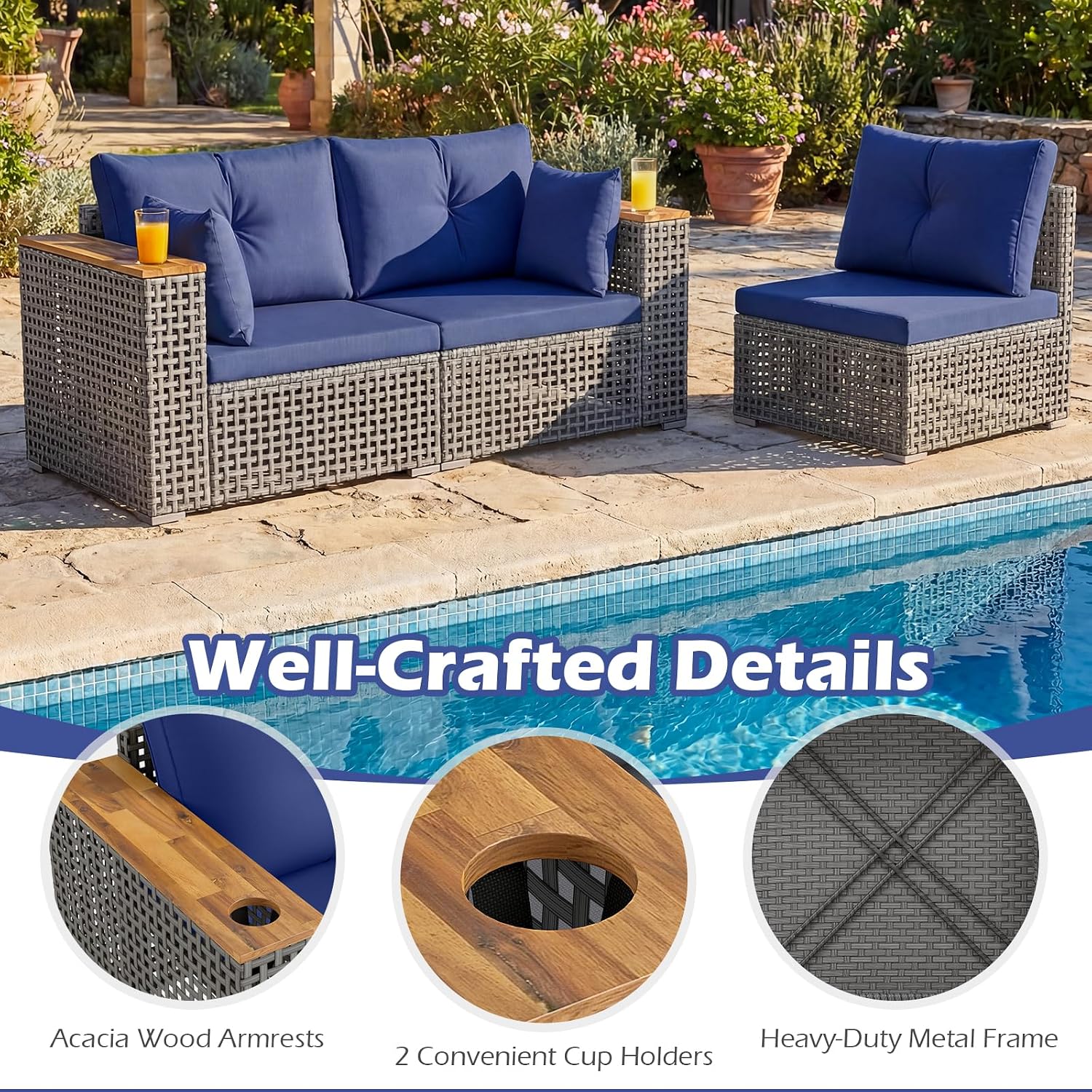 KOTEK 3-Seater Outdoor Couch, 86.5" Large Size Patio Wicker Sofa with Cup Holders & Wood Armrest, Cushions & Pillows, 3 Piece PE Rattan Sectional Furniture Set for Porch, Deck, Backyard (Navy)