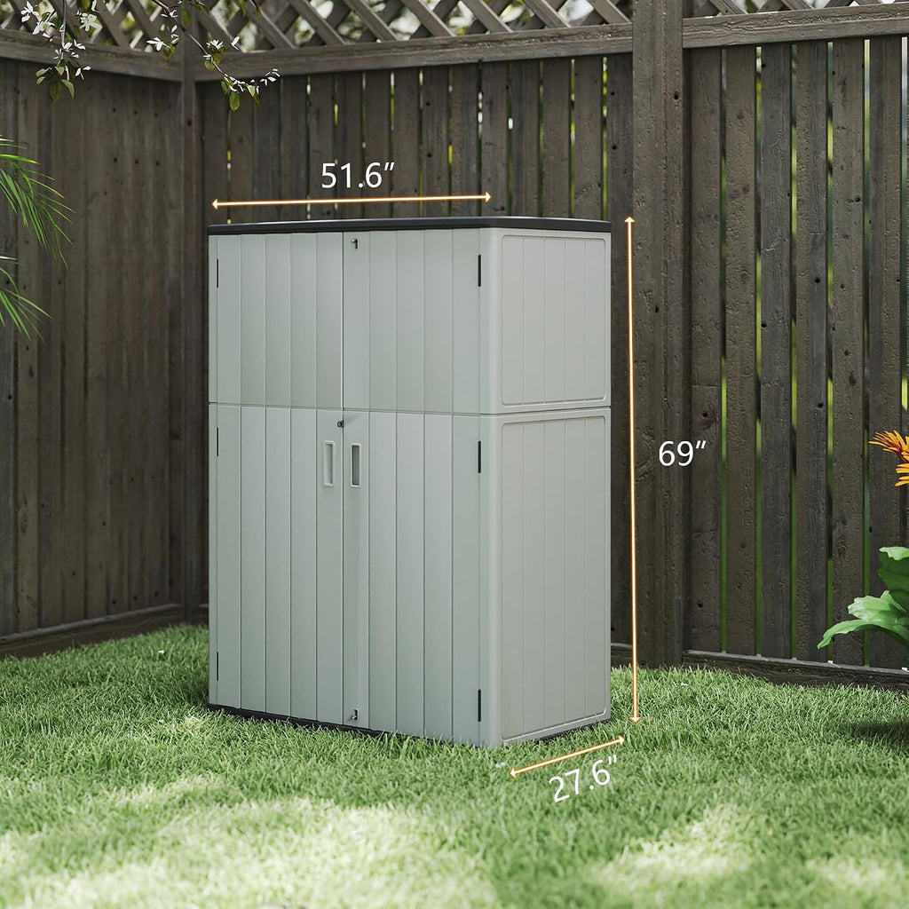 Multi-Function Gray Storage Tower, Measuring 52x28x69 Inches - A Weatherproof Solution for Organizing Tall Tools and Storage