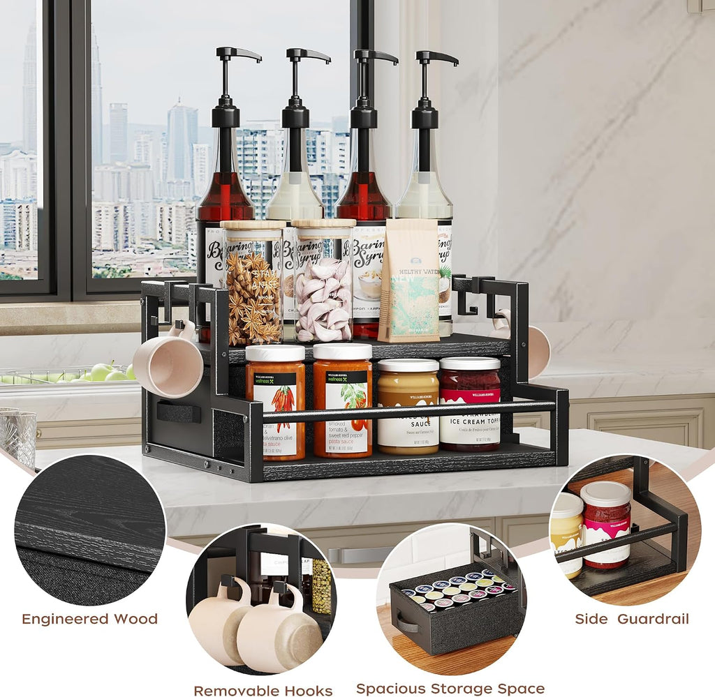 Homeiju Coffee Syrup Organizer Rack, 2-Tier Bottle Coffee Bar Accessories, Holder Stand with K Cup Storage Drawer for Coffee bar, Wine Rack, Storage Shelves for Syrup. (Black)