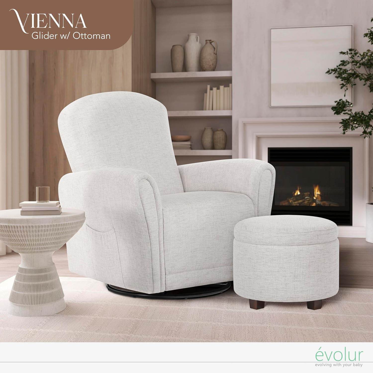 Evolur Vienna Swivel Glider with Ottoman, 360° Swivel, Without Nailhead Trim, Greenguard Gold & FSC-Certified, Nursery Chair in Fog Grey