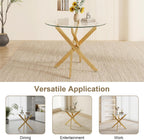 5 Piece Round Glass Dining Table Set for 4, Modern Tempered Glass Top Kitchen Table with 4 Upholstered Chairs, Space-Saving Dining Set for Small Apartment, Gold & Gold