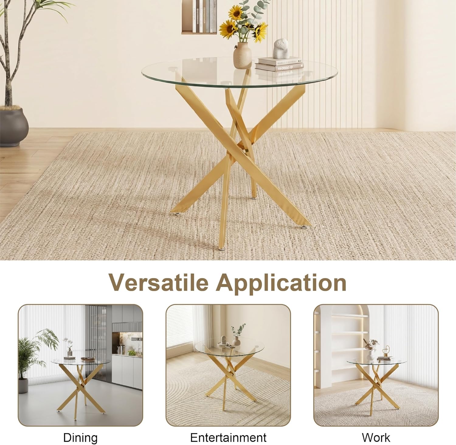5 Piece Round Glass Dining Table Set for 4, Modern Tempered Glass Top Kitchen Table with 4 Upholstered Chairs, Space-Saving Dining Set for Small Apartment, Gold & Gold