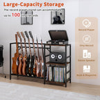 Guitar Stand with Record Player Stand, Guitar Rack with Record Player Table, Guitar Holder 7 Space for Multiple Guitars, Bass, Acoustic, Guitar Display for Home Music Studio, Brown