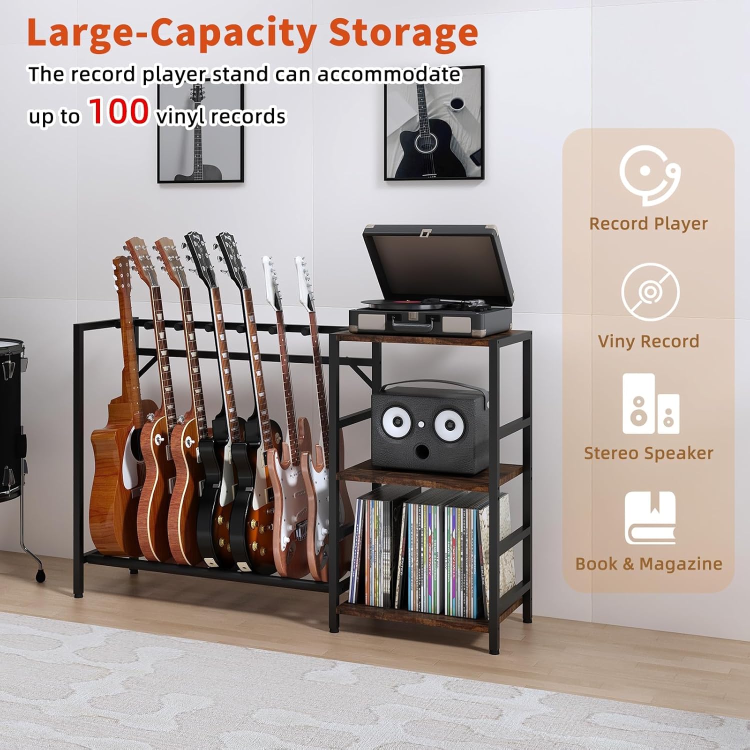 Guitar Stand with Record Player Stand, Guitar Rack with Record Player Table, Guitar Holder 7 Space for Multiple Guitars, Bass, Acoustic, Guitar Display for Home Music Studio, Brown