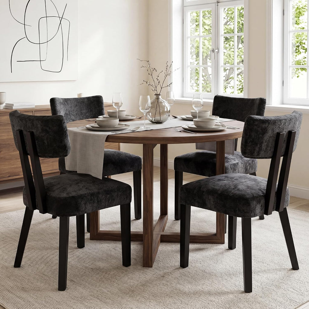 GOTMINSI Mid Century Modern Dining Chairs,Velvet Farmhouse Upholstered Kitchen Chairs, Accent Curved Backrest Dining Room Chairs with Hardwood Legs (Black, 4PCS)