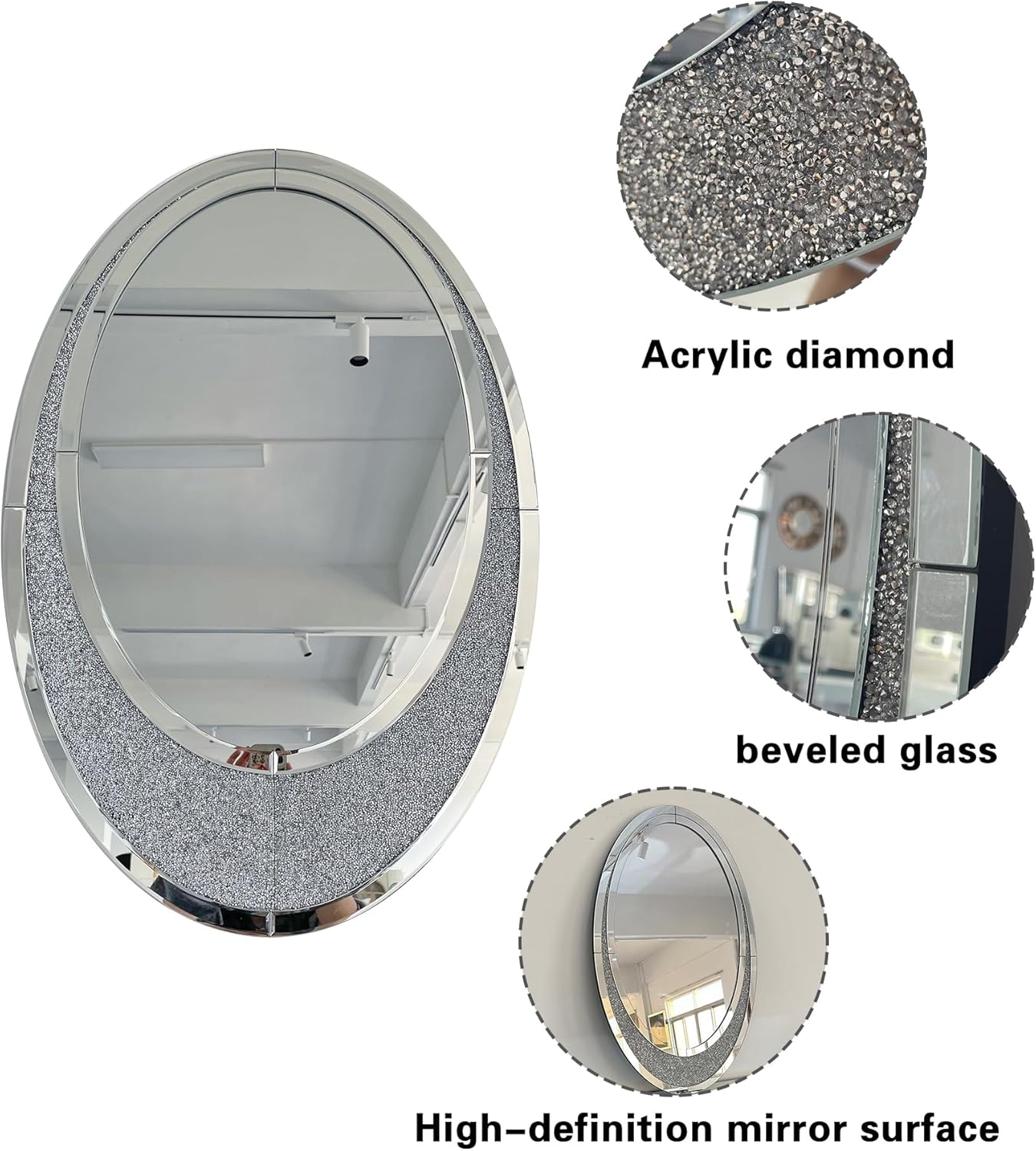 Oval-Shaped Silver Mirrored Console Table and Wall Mirror Set, 2 Piece Mirrored 39.37" Rectangle Sofa Table and 35.43" Crush Diamond Oval Wall Mirror Set for Entryway Hallway Entrance
