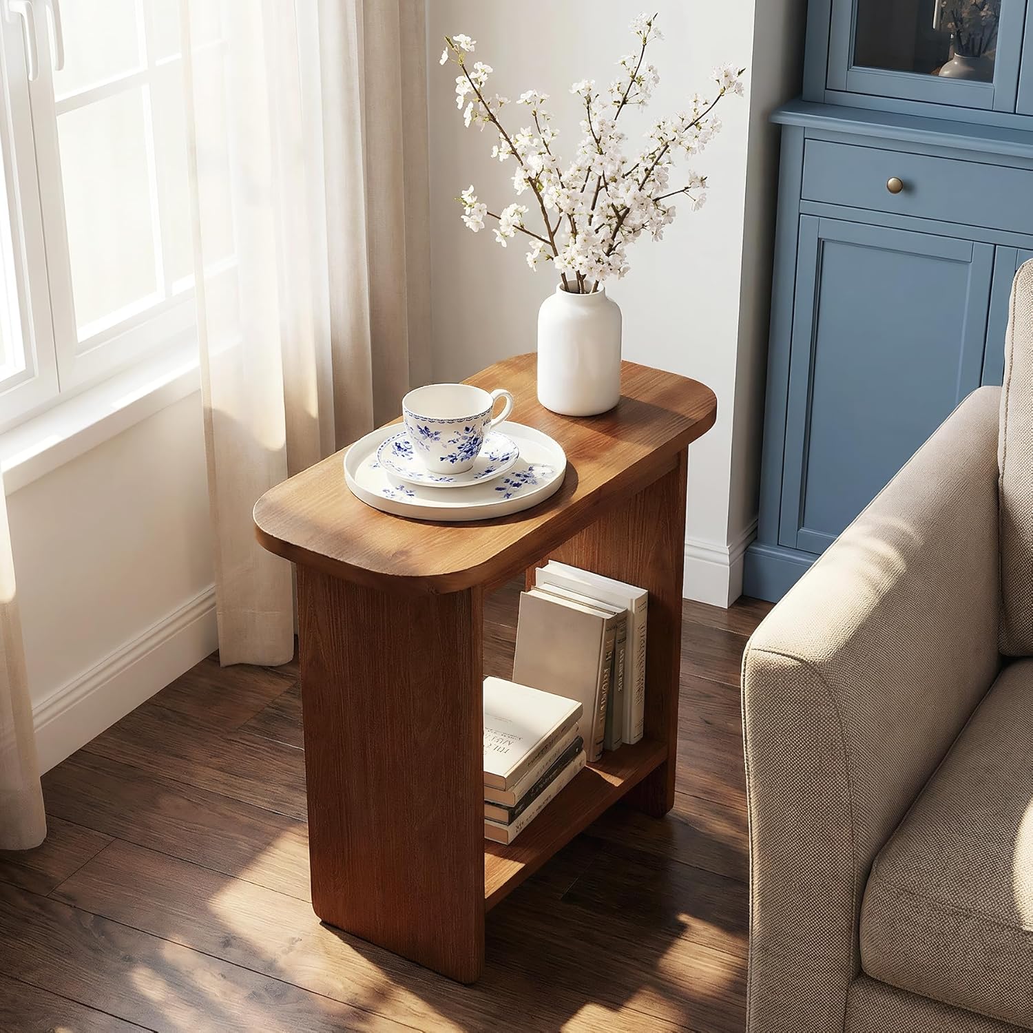 Genuine Solid Wood Side Table, H-Shaped 2-Tier End Table with Storage Shelf, Farmhouse Narrow Nightstand for Living Room, Bedroom, Couch & Armchair, Easy 30-Minute Assembly, Natural Brown